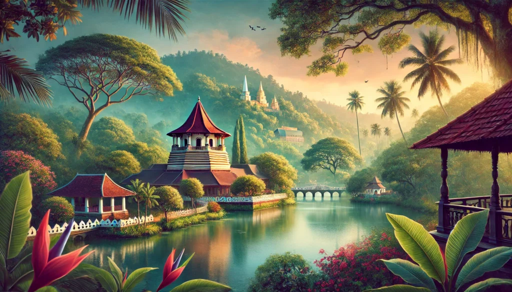 "Temple of the Tooth Relic in Kandy, surrounded by lush greenery and a tranquil lake, representing a key attraction for travelers."