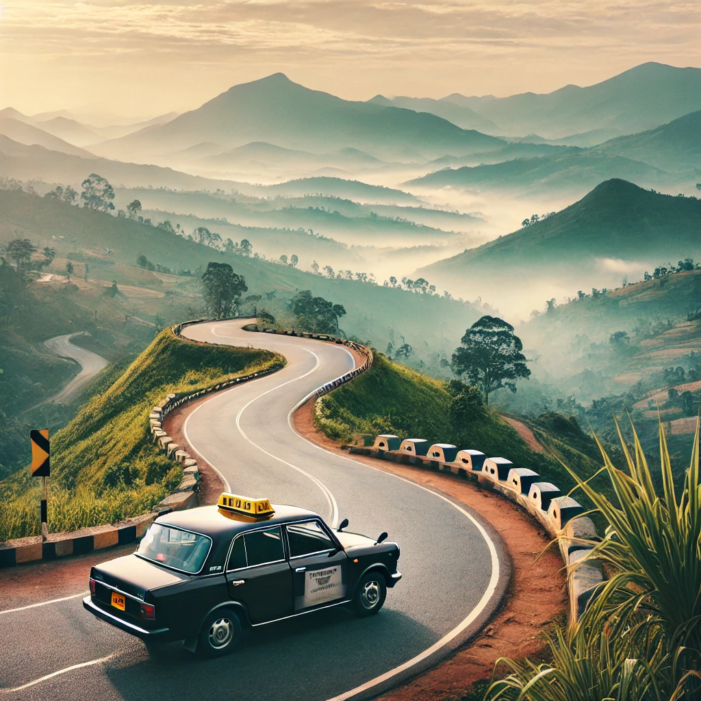 Taxi cab at a scenic overlook with rolling hills, winding roads, and misty mountains on the Ella to Kandy route.