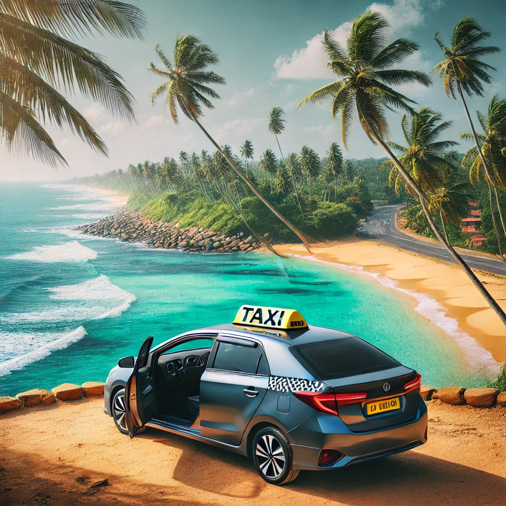 Taxi parked on a coastal overlook with turquoise ocean, golden beach, and palm trees, representing the journey from Ella to Tangalle, Sri Lanka.