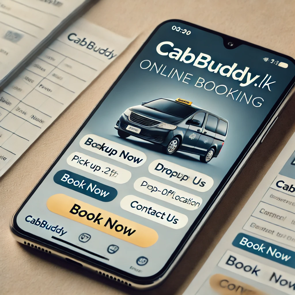 CabBuddy.lk online booking interface on a mobile device with clear booking buttons.