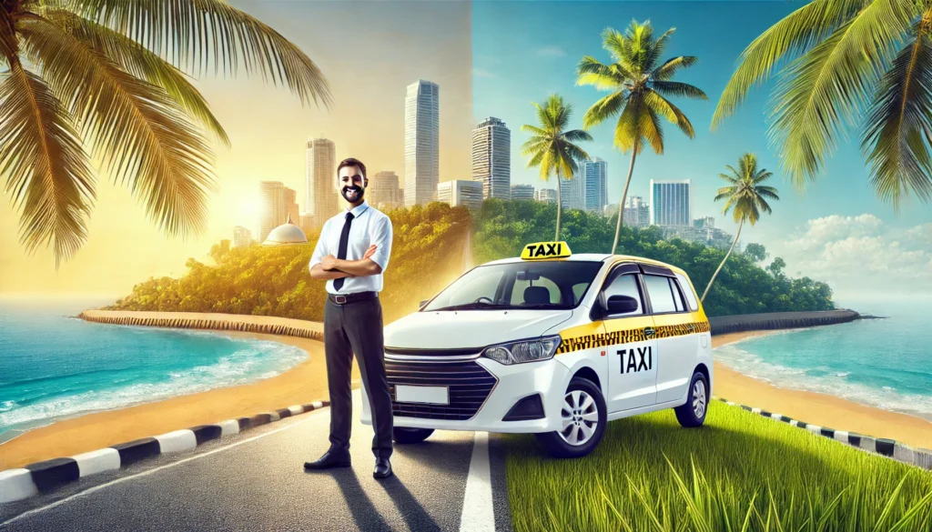 Taxi with friendly driver on a palm-lined road from Colombo to Mirissa, featuring lush greenery and ocean views.