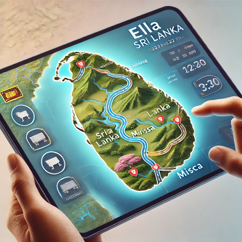 Digital map highlighting the scenic route from Ella to Mirissa with landmarks.