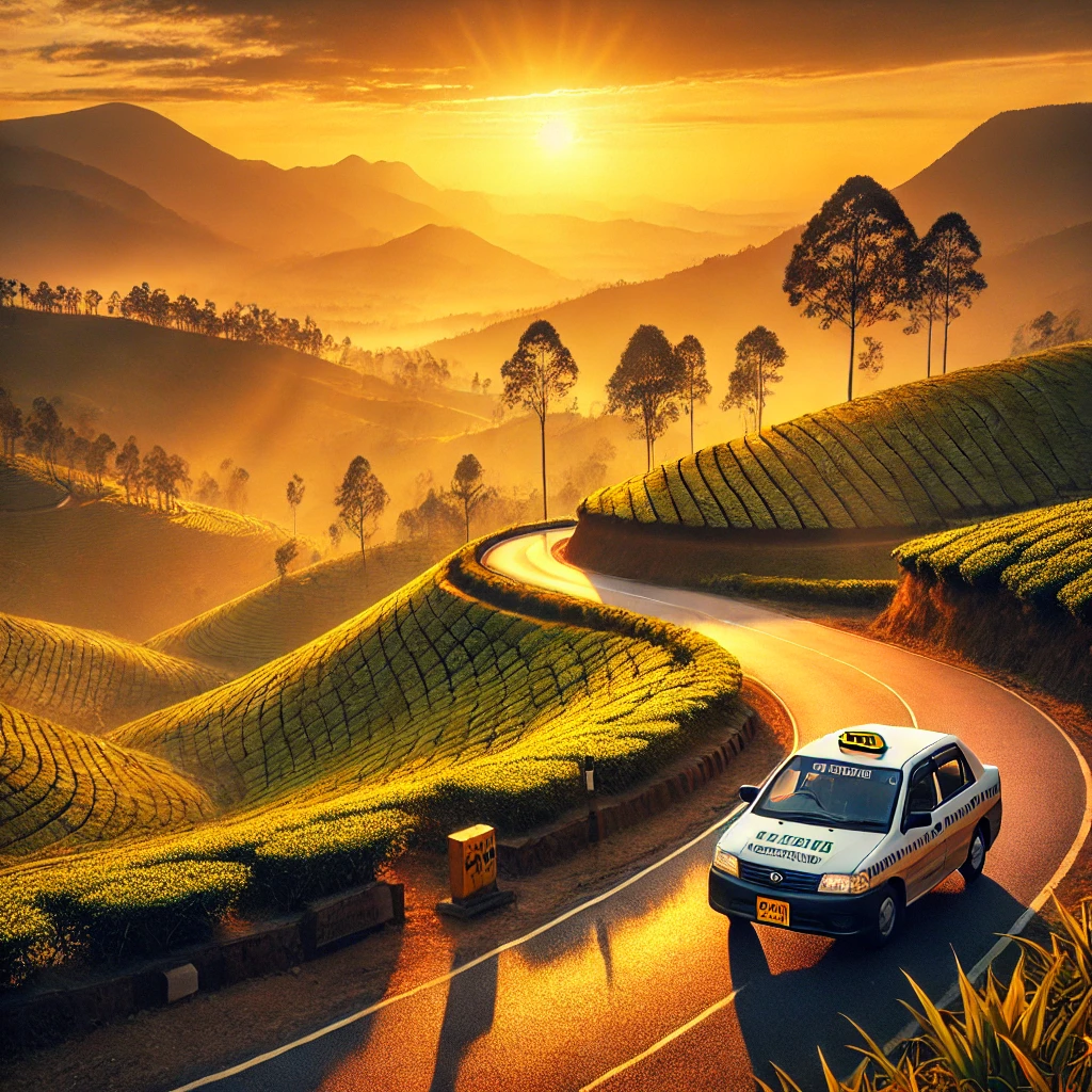 Modern taxi by a mountain road at sunset with rolling tea estates, symbolizing the nuwara eliya to ella journey.