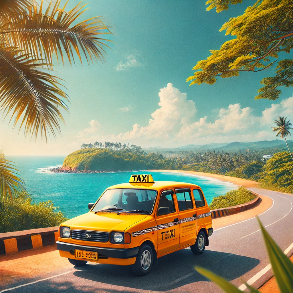Modern yellow taxi cab on a scenic coastal road between Galle and Mirissa with blue sky and lush greenery.