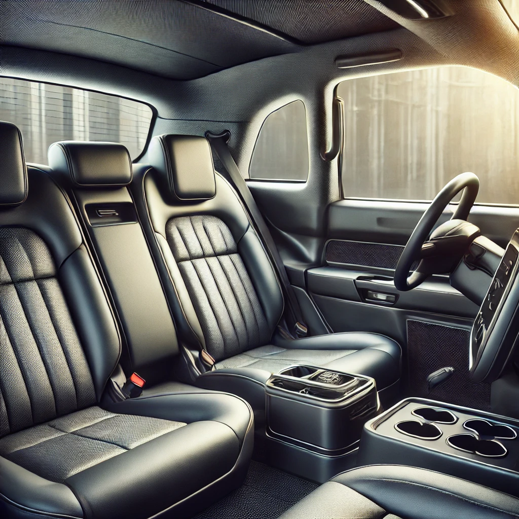 Interior of a comfortable taxi cab with plush seating and air conditioning for the Ella to Arugam Bay journey.