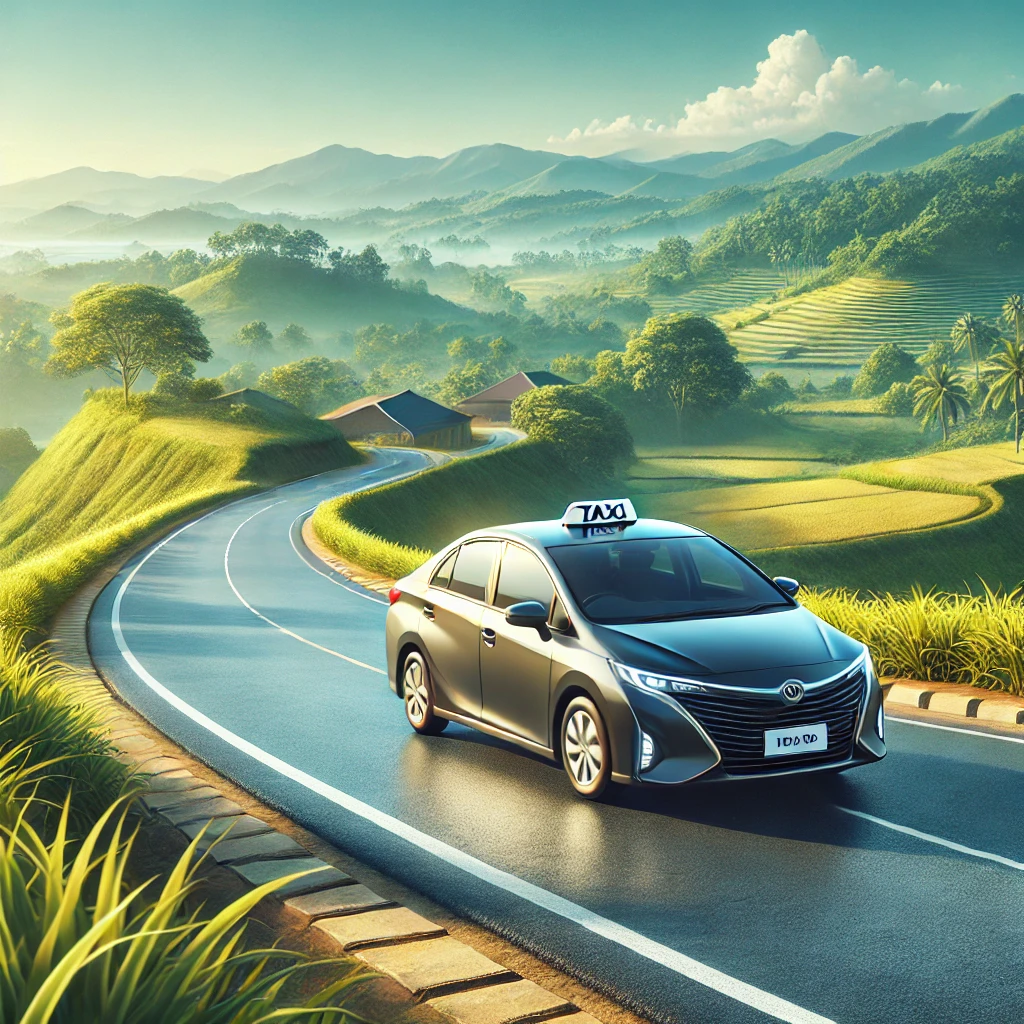 Modern taxi on a scenic Sri Lankan road with rolling hills and lush greenery.
