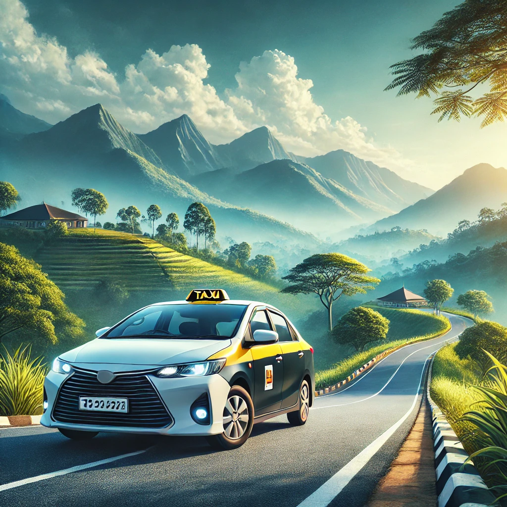Modern taxi cab on a scenic, winding road with lush greenery and mountains in the background, representing the CabBuddy journey from Mirissa to Ella.