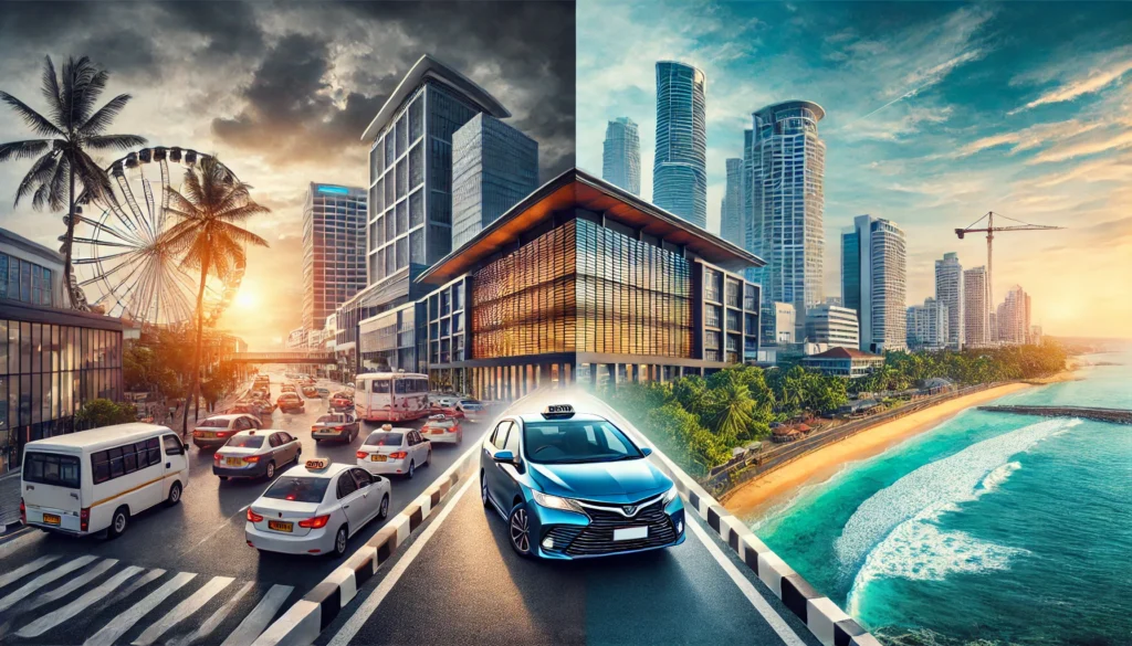 Split-screen view of Colombo cityscape and Mirissa coastline with a taxi cab in the center.