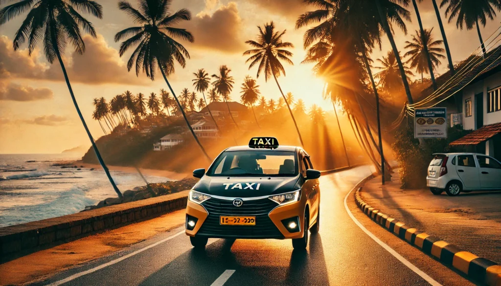 Modern taxi cab on a coastal road with palm trees and sunset – CabBuddy.lk service from Mirissa to Galle.