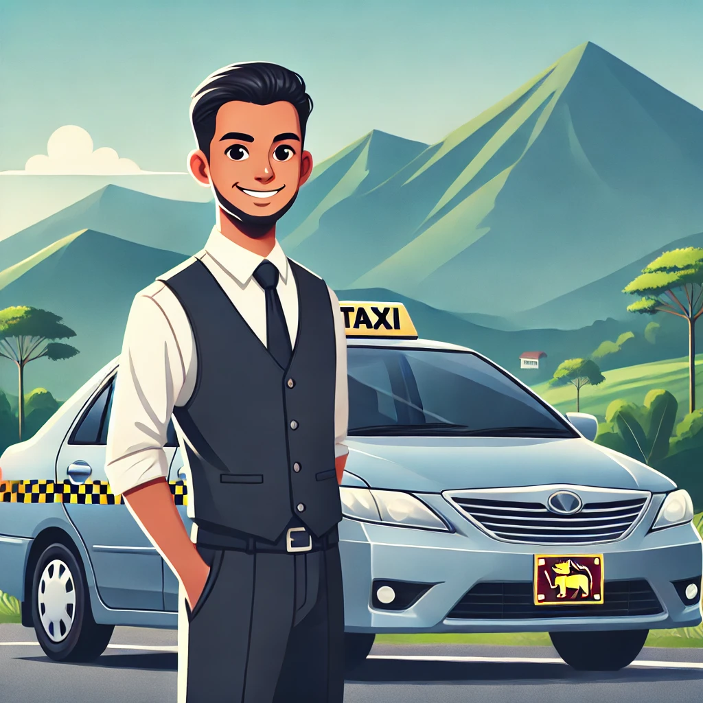 Smiling taxi driver with modern cab against scenic Sri Lankan hills.