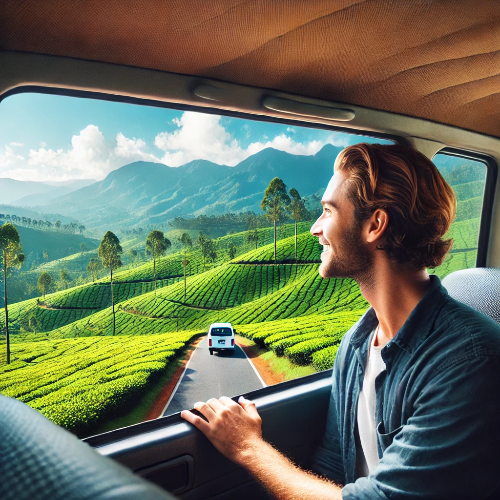 Passenger in taxi enjoying the scenic view of Sri Lankan tea plantations, hills, and mountains on the journey from Ella to Kandy.