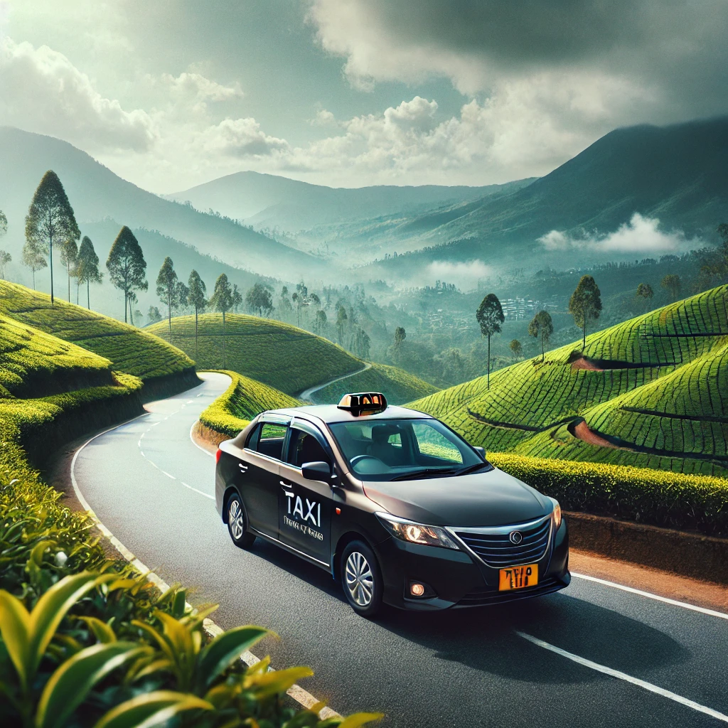 Stylish taxi on a winding road with tea gardens and misty peaks, representing the Ella to Nuwara Eliya journey.