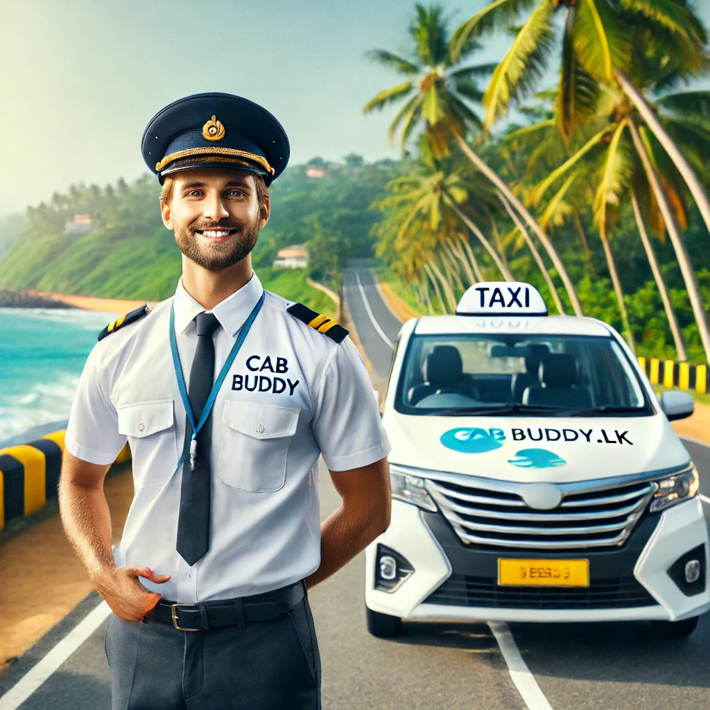 CabBuddy.lk driver beside modern taxi on a scenic coastal road with palm trees and ocean view.