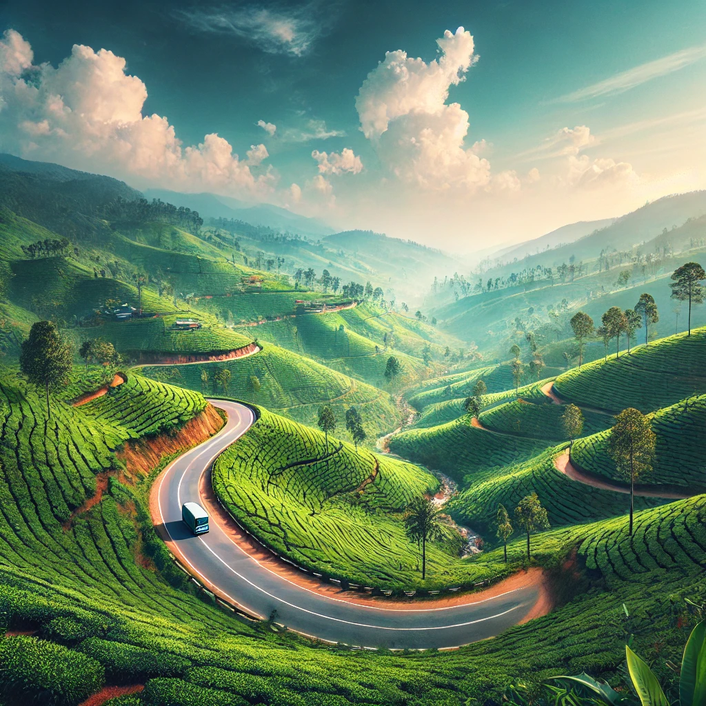 Scenic view of the Ella to Yala route with rolling hills and tea plantations.