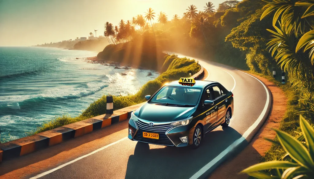 Modern taxi cab on a coastal road from Mirissa to Galle with ocean and greenery in the background – CabBuddy.lk taxi service.