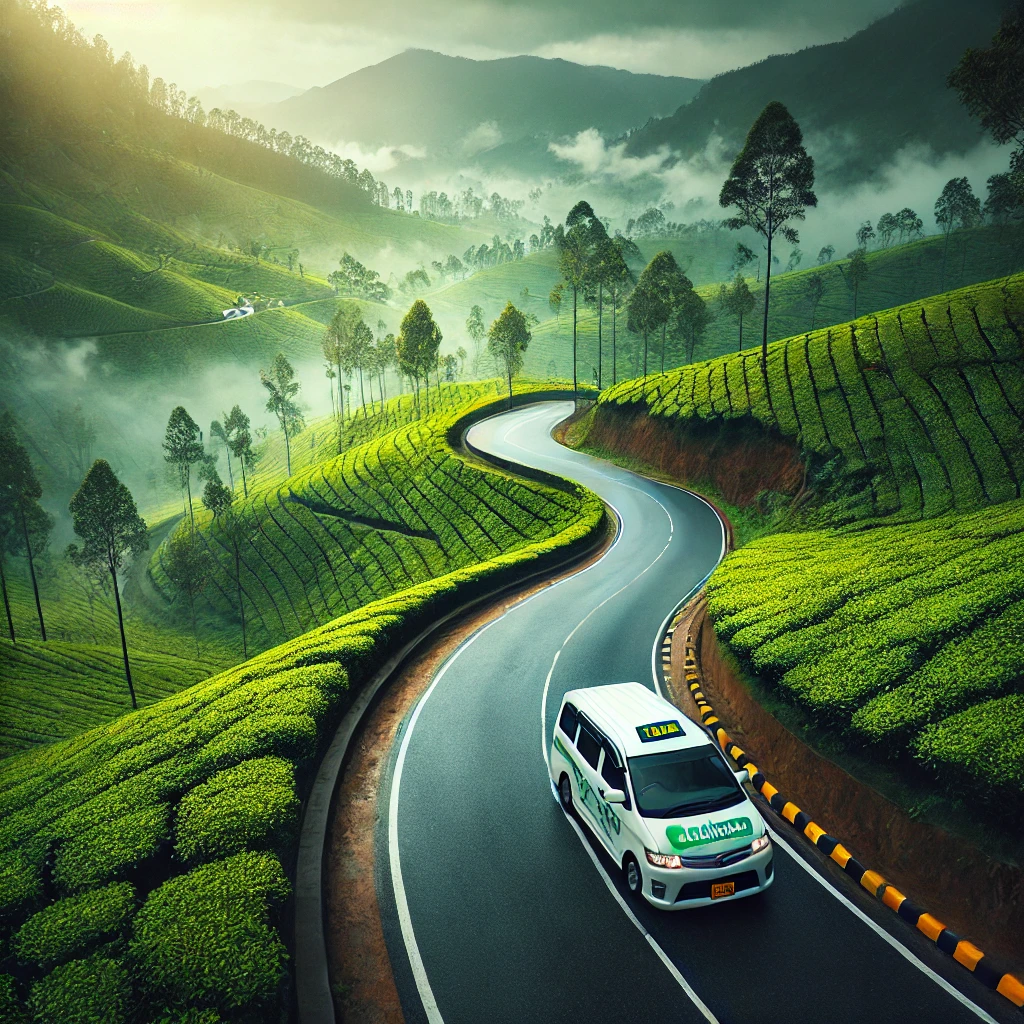 Modern taxi on a scenic road from Kandy to Ella with lush tea plantations and misty mountains in Sri Lanka.