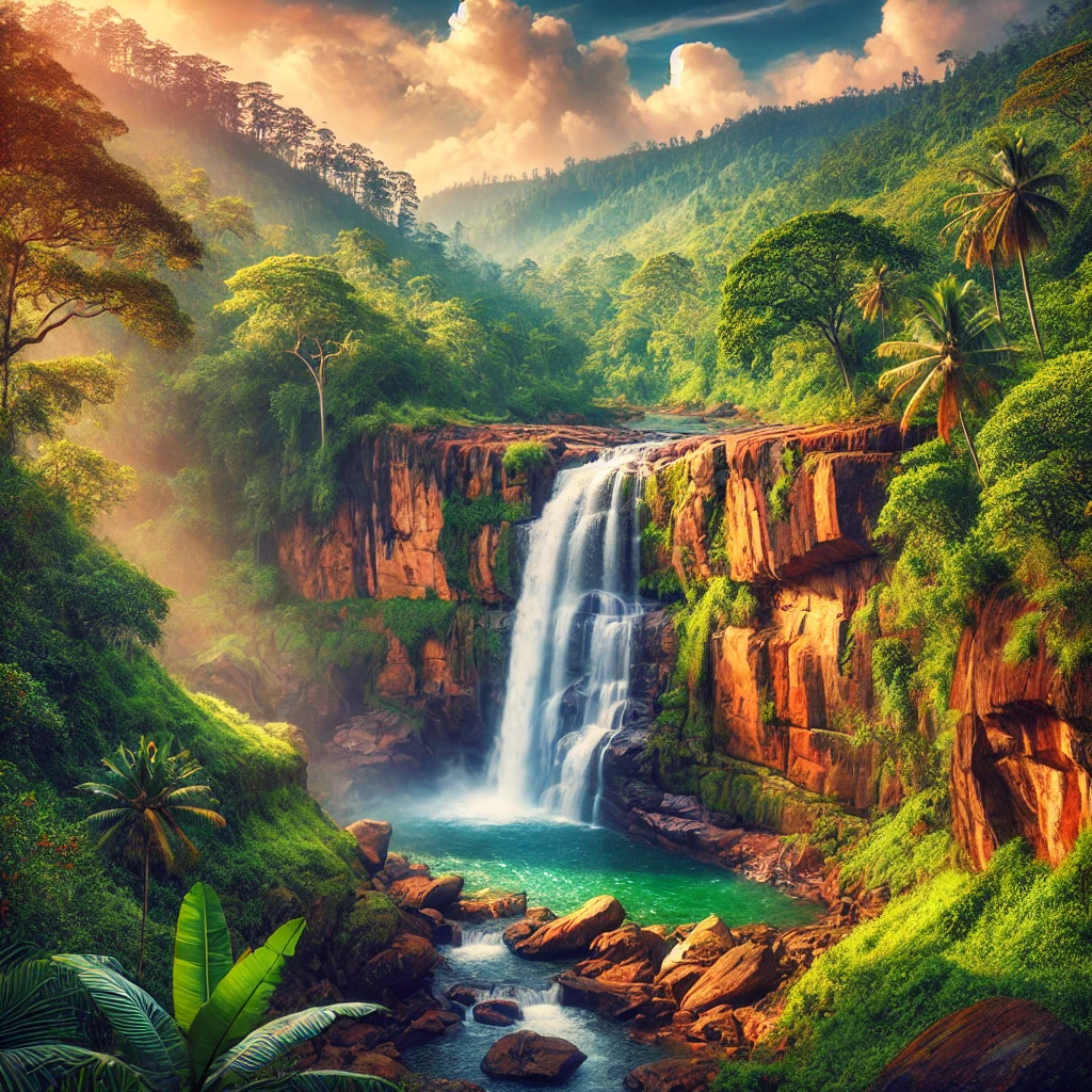 Waterfall and lush greenery along the Ella to Yala route in Sri Lanka.