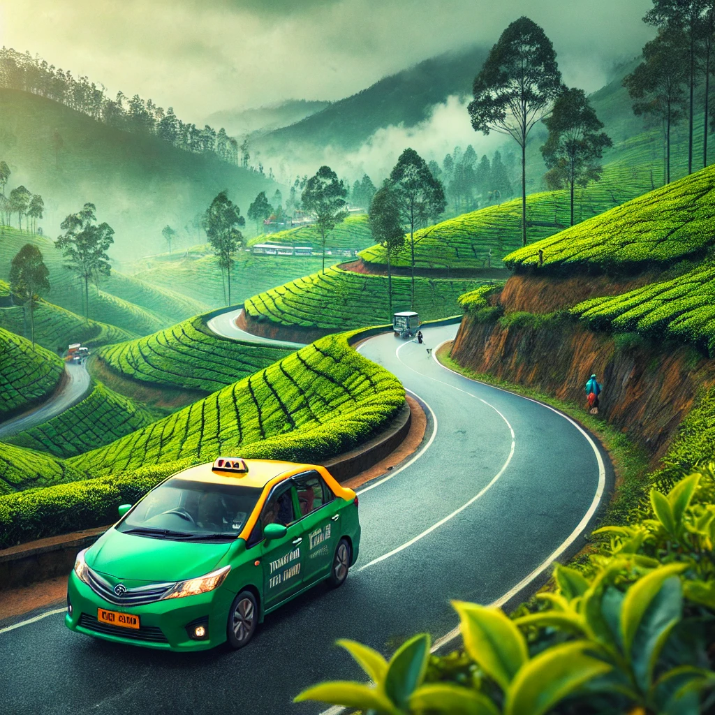 Taxi on a winding mountain road with lush tea plantations and misty hills in the background, symbolizing the nuwara eliya to ella journey.