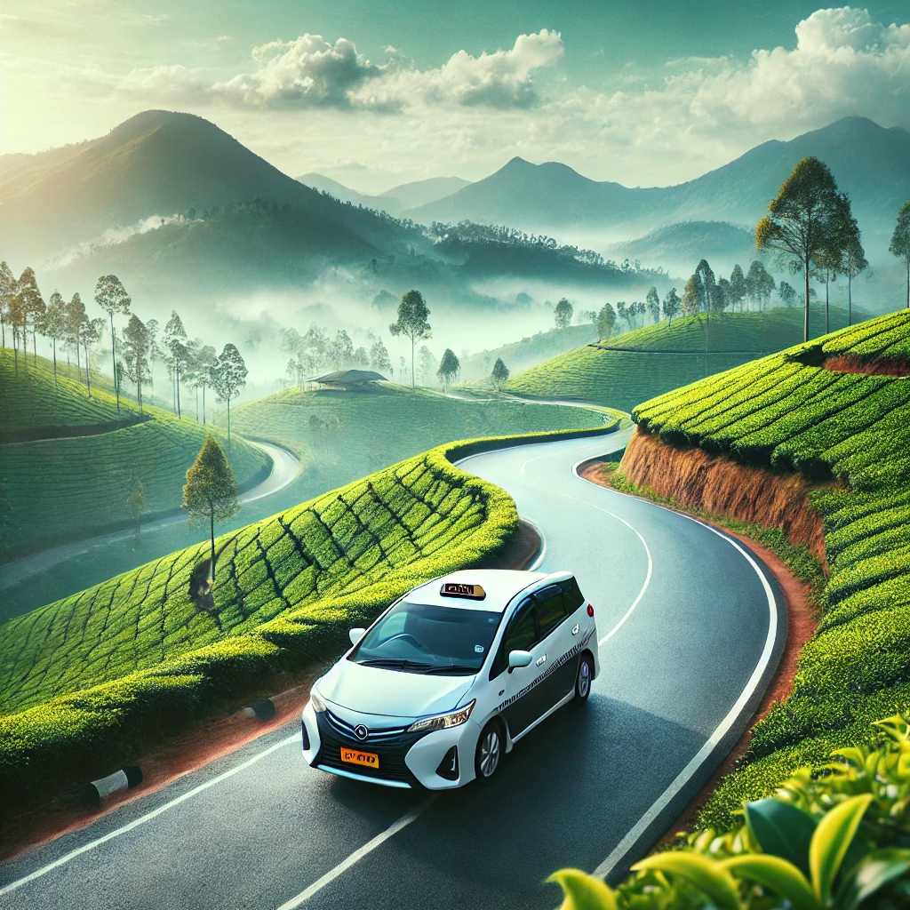 Modern taxi cab on a scenic road with tea plantations and mountains in the background.