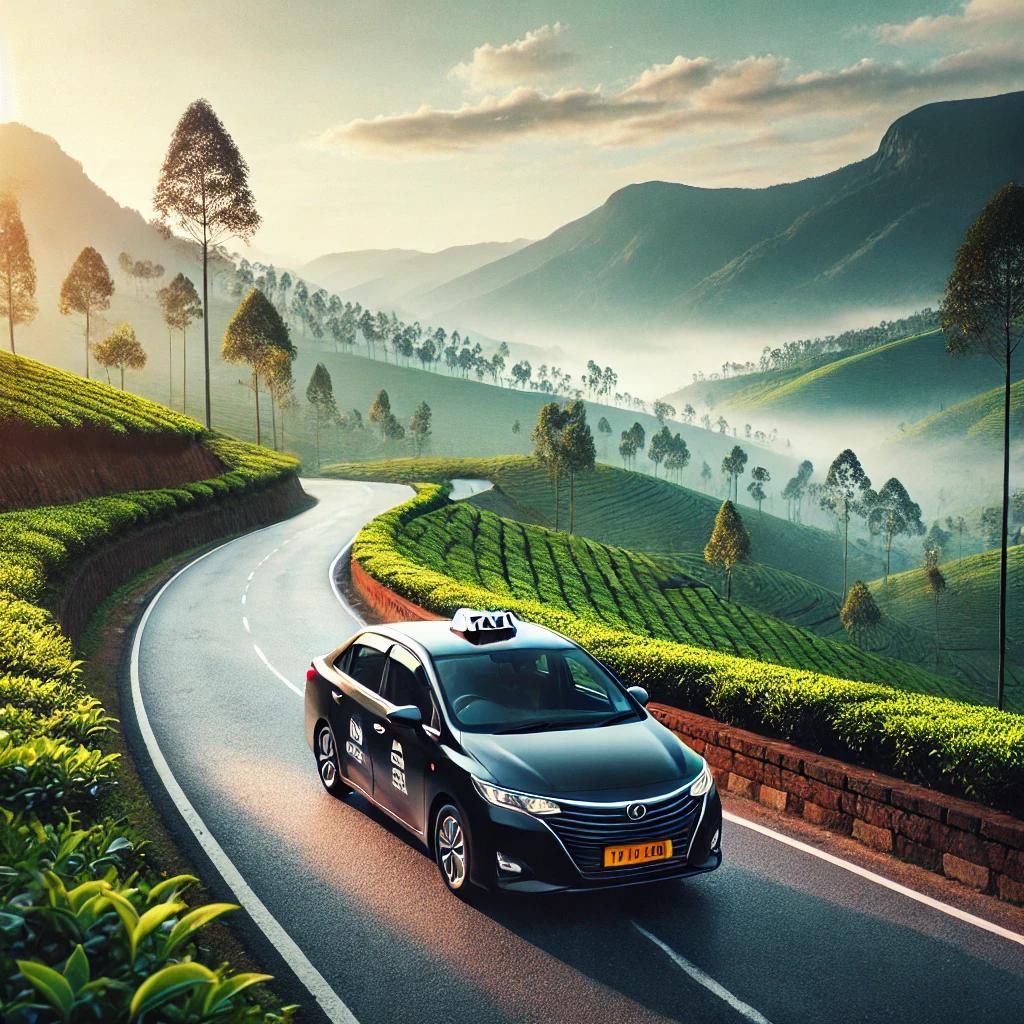 Sleek taxi on a mountain road with vibrant tea plantations and misty hills, representing the journey from Ella to Nuwara Eliya.