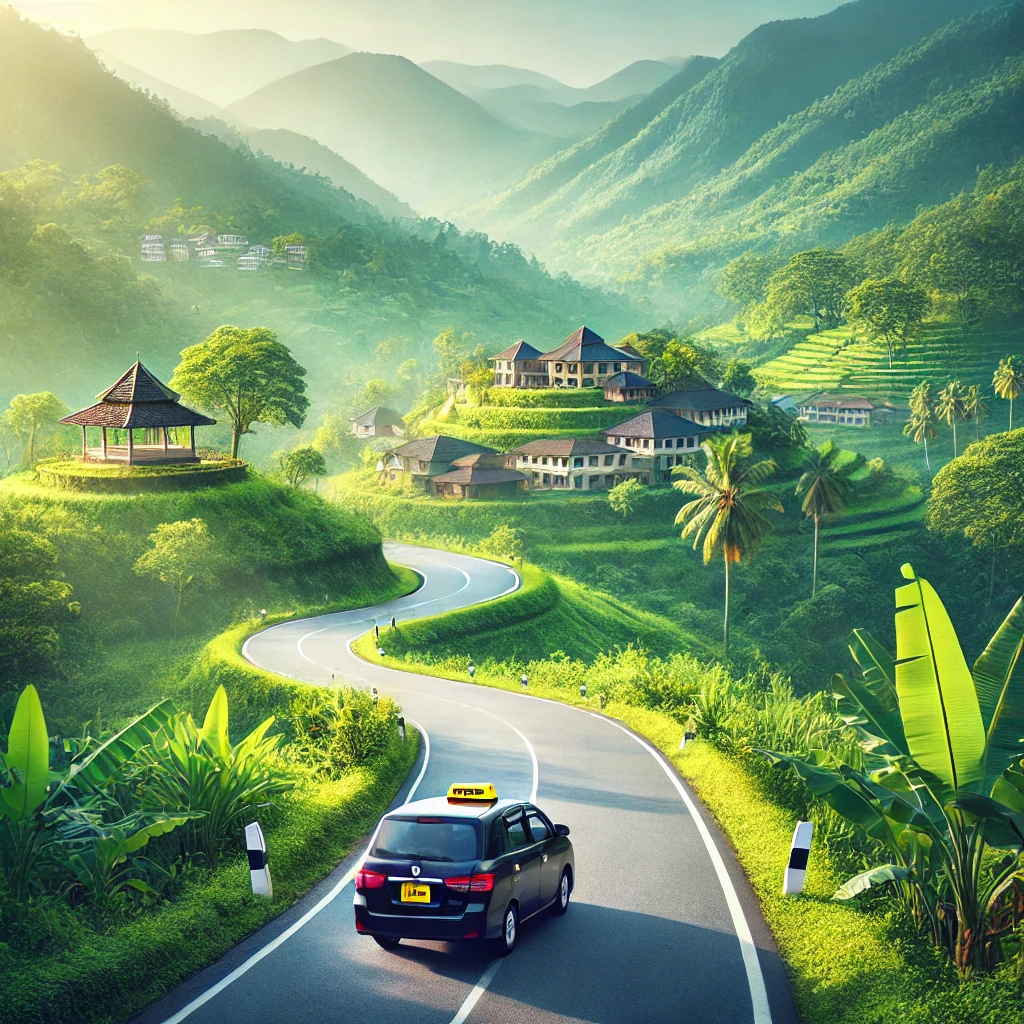 Modern taxi cab on a winding road through lush greenery with villages and mountains in the background, representing the Mirissa to Ella journey.