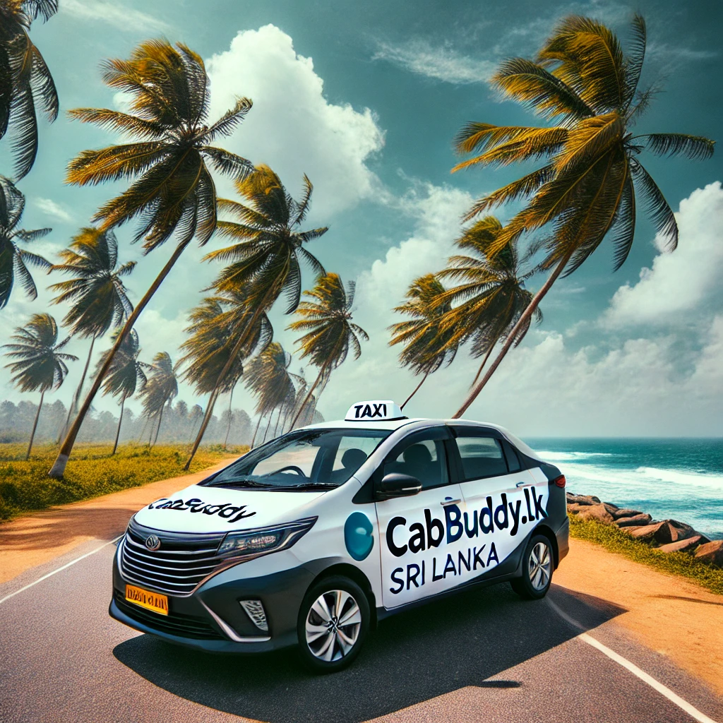 Sleek CabBuddy.lk taxi on a coastal road with palm trees, blue sky, and turquoise ocean between Galle and Mirissa.