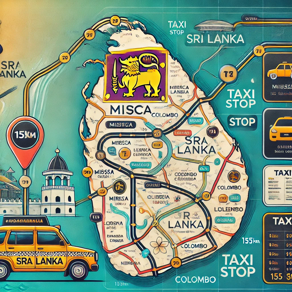 Artistic map of Sri Lanka showing the Mirissa to Colombo route with highlighted 155km journey and taxi icons for CabBuddy.lk service.