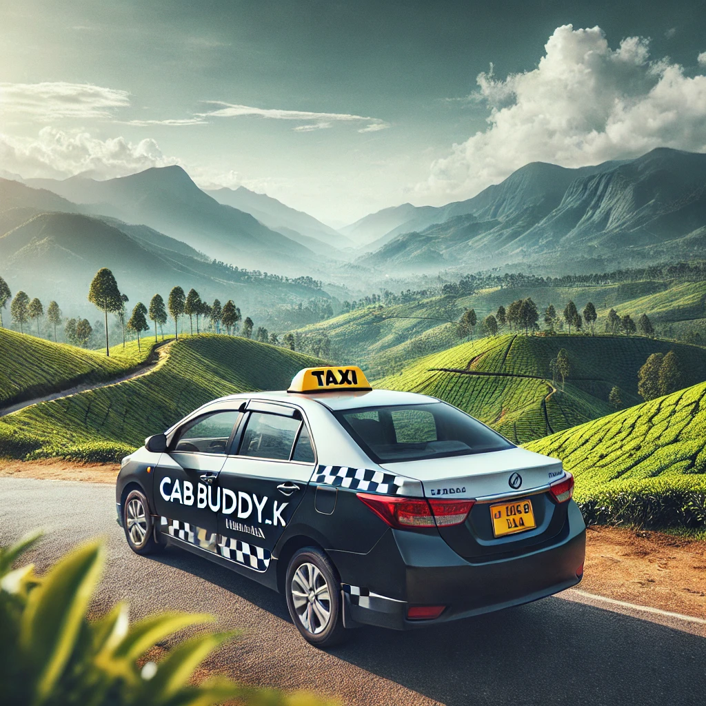 CabBuddy.lk taxi parked at a scenic viewpoint on the Colombo to Ella route with mountains and tea plantations.