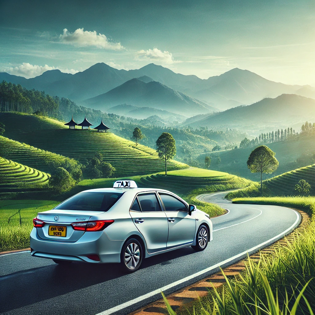 Modern taxi on a scenic road with lush greenery and distant mountains between ella and tissamaharama, Sri Lanka.