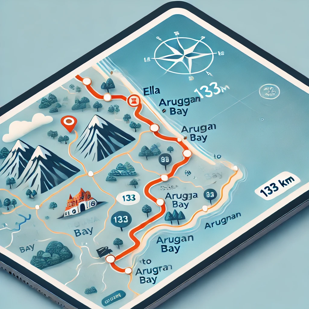 Digital map outlining the 133 km scenic route from Ella to Arugam Bay with key landmarks.