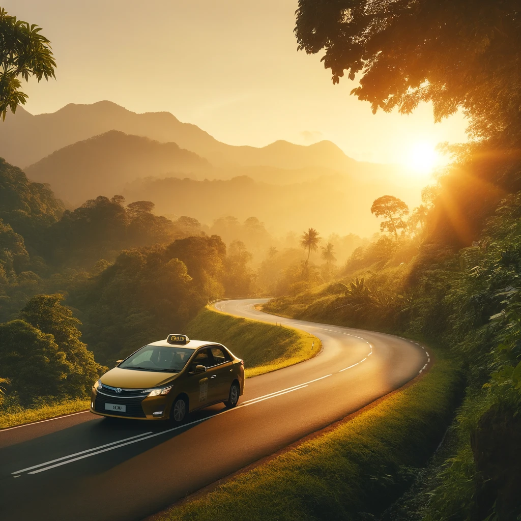 Modern taxi on a winding road through lush greenery with mountains in the background at sunset.