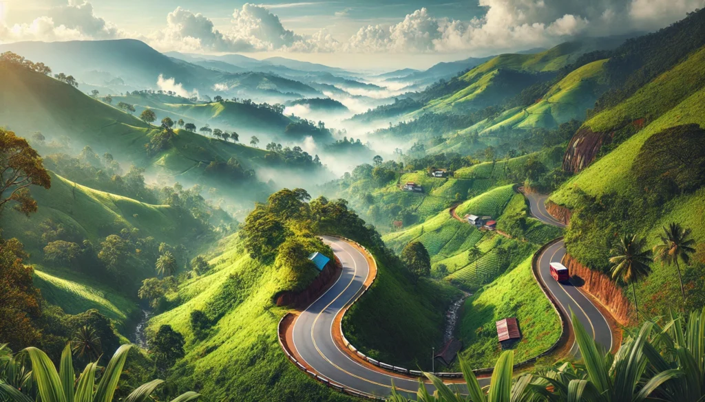 Panoramic view of lush green hills and winding roads on the Ella to Colombo route.