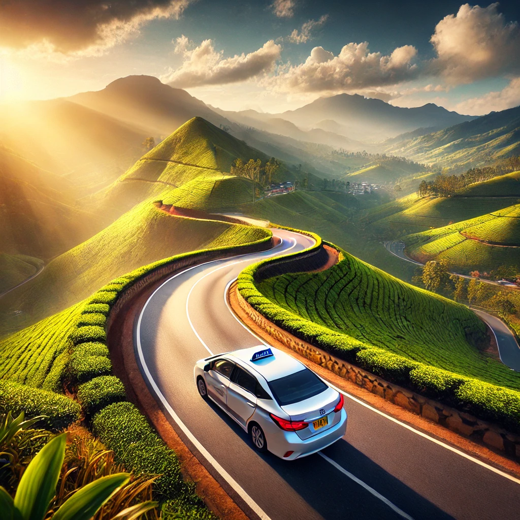 Modern taxi on a winding mountain road with lush tea estates and sunlit peaks, symbolizing the nuwara eliya to ella journey.