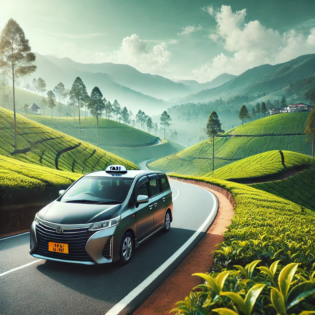 Modern taxi on a scenic road with lush tea estates and misty mountains in the background, representing the journey from Ella to Nuwara Eliya.