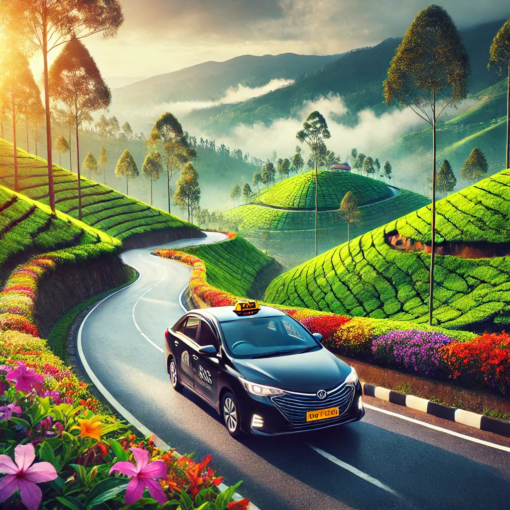 Sleek taxi on a winding mountain road with tea plantations and wildflowers, illustrating the journey from Kandy to Ella in Sri Lanka.
