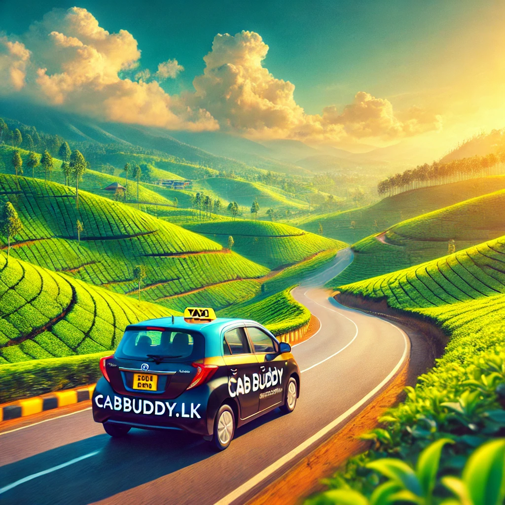 CabBuddy.lk taxi on Colombo to Ella route with rolling tea plantations and blue sky.