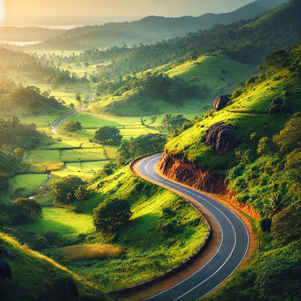 Scenic view of lush green hills and a winding road along the Ella to Arugam Bay journey.