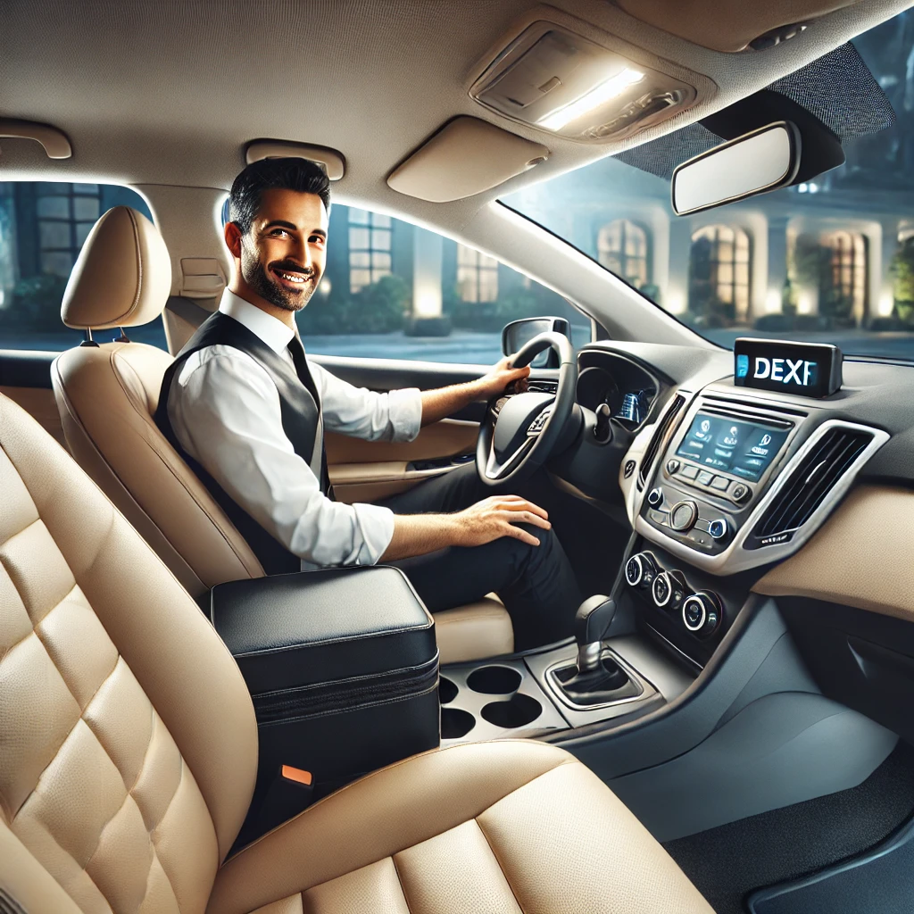 Modern taxi interior with plush seating and a friendly driver.