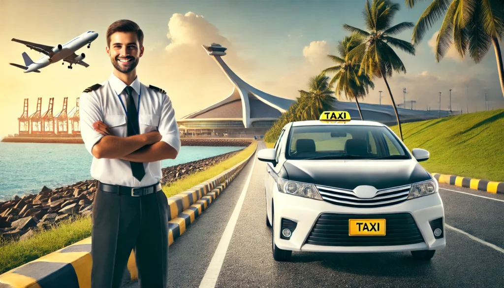 Cheerful driver with taxi cab on Bentota to airport route by CabBuddy.lk.