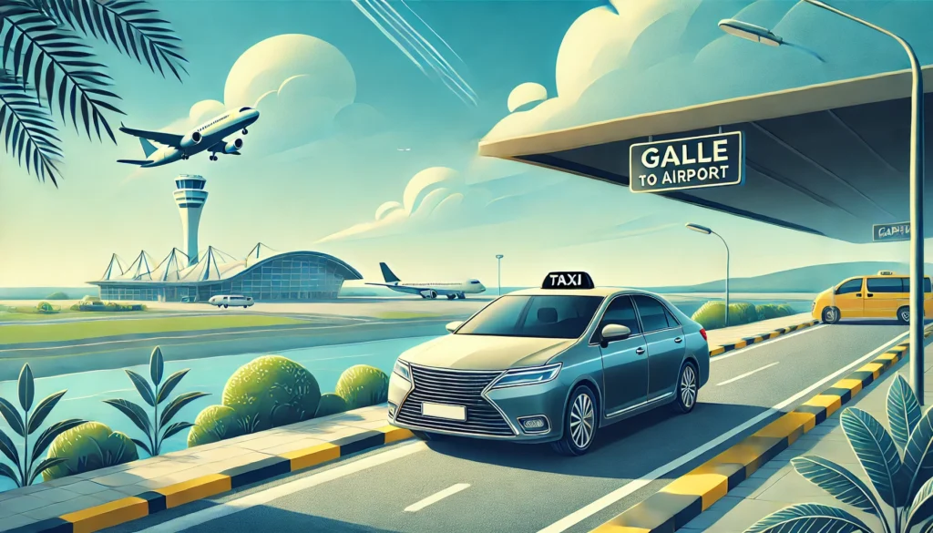 Stylish taxi parked near an airport terminal with tropical greenery, representing a reliable Galle to Airport transfer.
