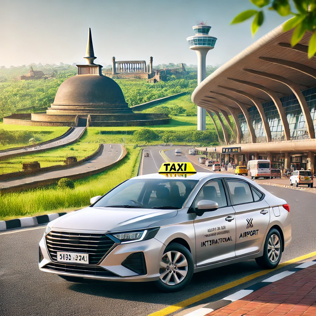 Modern taxi cab at Bandaranaike International Airport with a scenic road leading to ancient Anuradhapura.