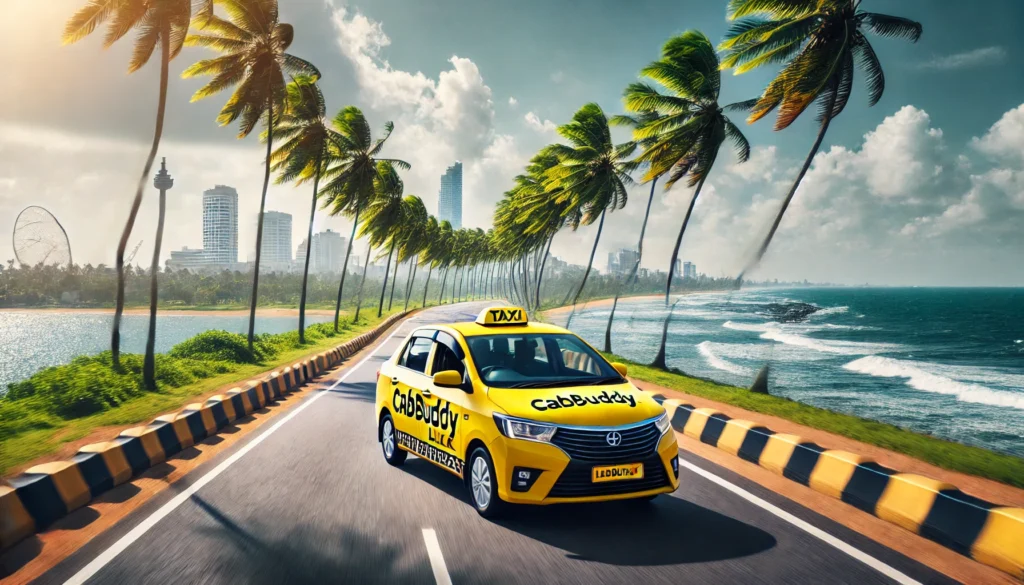 Modern CabBuddy.lk taxi on a coastal road with palm trees and Colombo skyline in the distance.