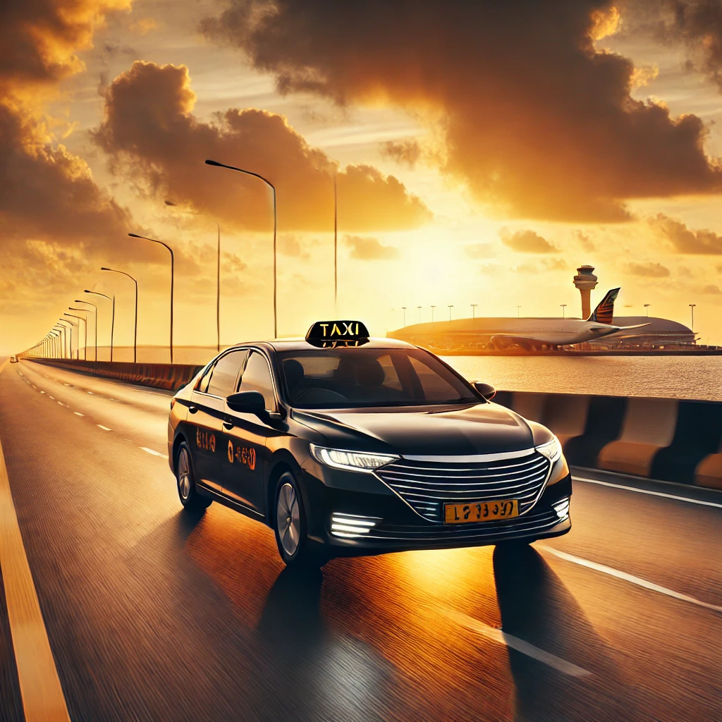 Sleek taxi driving along a coastal highway at sunset with an airport runway visible in the distance, highlighting an efficient Hikkaduwa to Airport service.