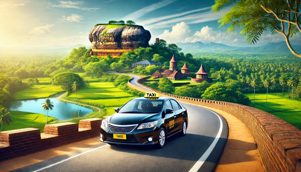 Modern taxi cab on a scenic road from Sigiriya to Negombo with historic ruins and lush greenery in the background.