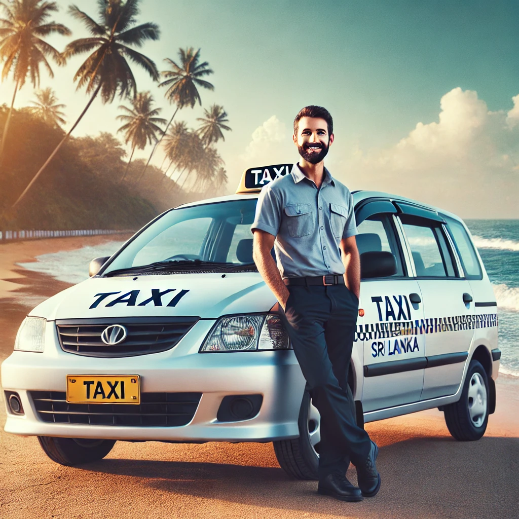 Friendly driver standing next to a clean taxi in Negombo, with a coastal background, representing reliable local taxi services.