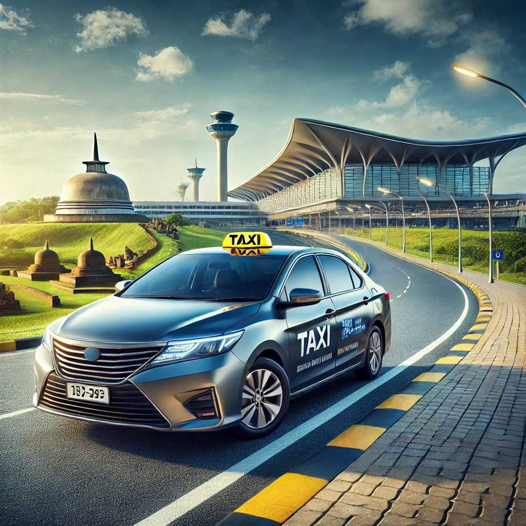 Modern taxi at Bandaranaike International Airport with a scenic road leading to historic Anuradhapura.