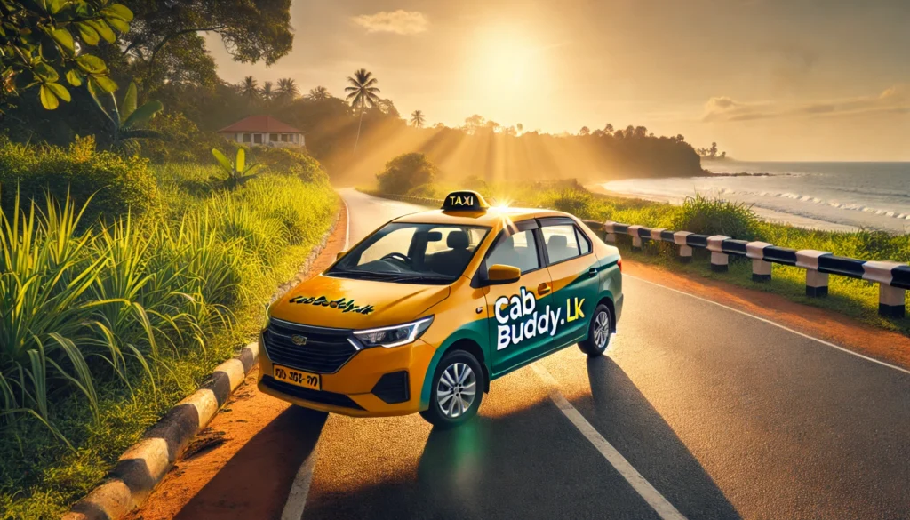 CabBuddy.lk taxi parked by lush greenery with coastal views, representing a reliable journey from Hikkaduwa to Colombo.