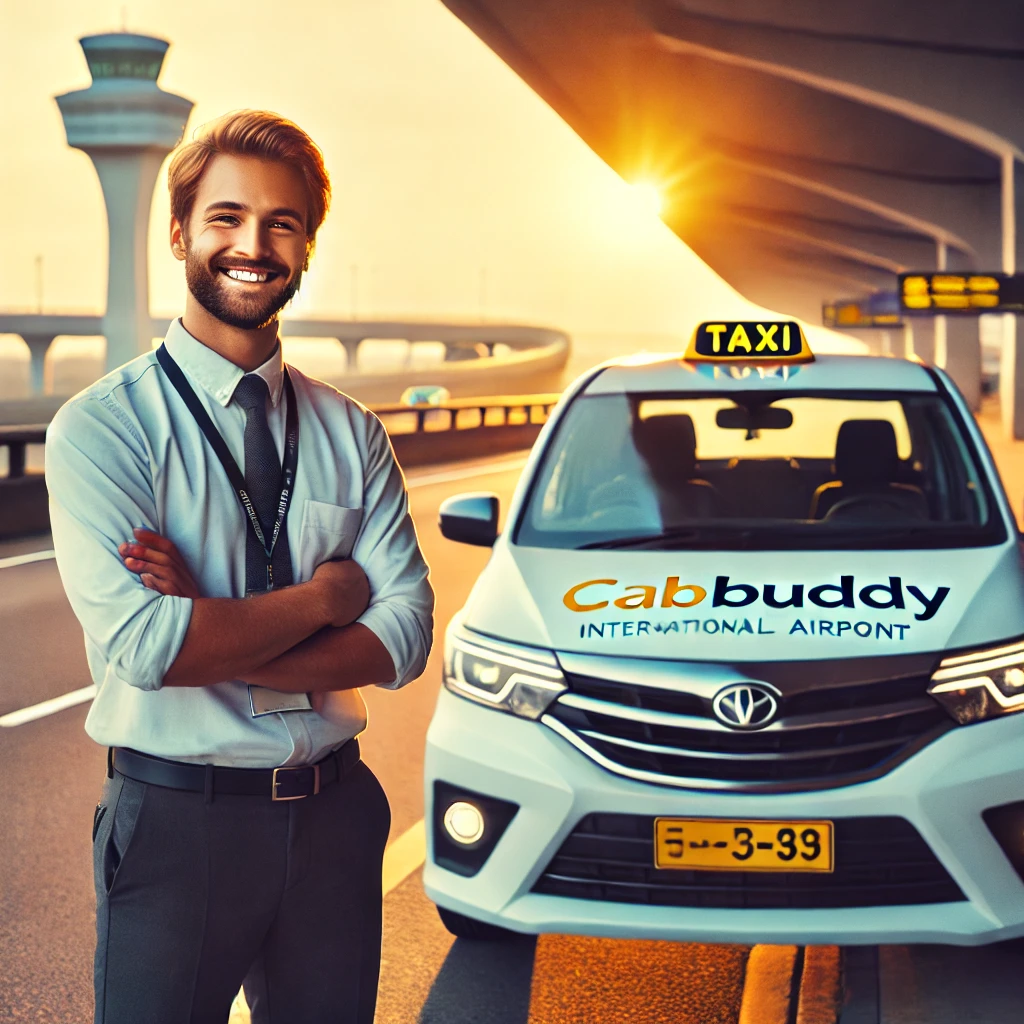 CabBuddy driver and taxi at Colombo International Airport ready for Airport to Pinnawala transfer with early morning light.