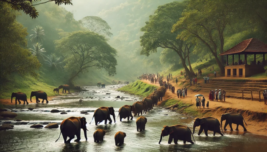 Elephants walking through a river at Pinnawala Elephant Orphanage, surrounded by greenery and onlookers.
