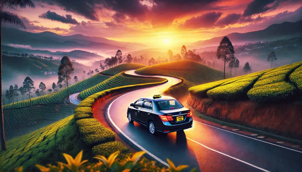 Sleek taxi cab on a mountain road at sunset with tea plantations in the background, illustrating the journey from Negombo to Nuwara Eliya.